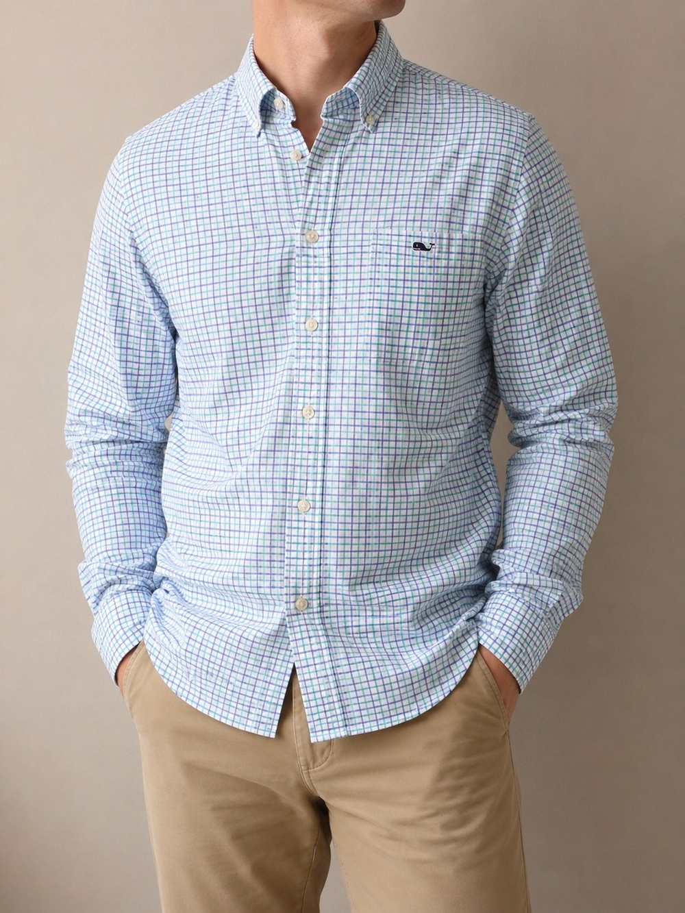 Vineyard Vines Light Blue and Green Windowpane Button-Down Shirt